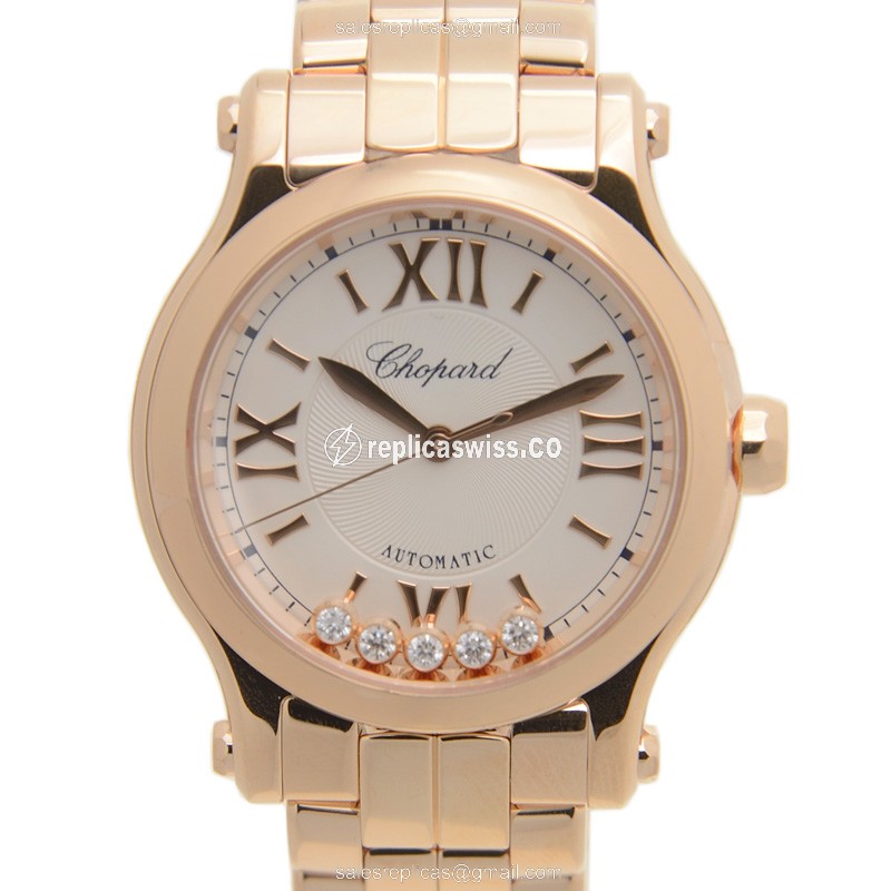 Chopard Happy Sport Replica - Automatic - 18kt Rose Gold - Silver Dial - Gold Strap